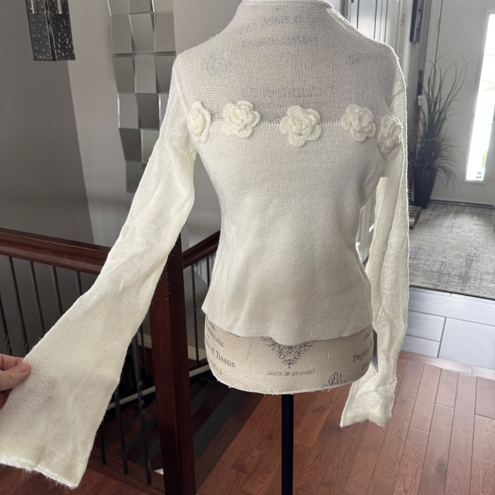Wool-Blend 3D Flower Lettuce Trim Sweater Creamy White